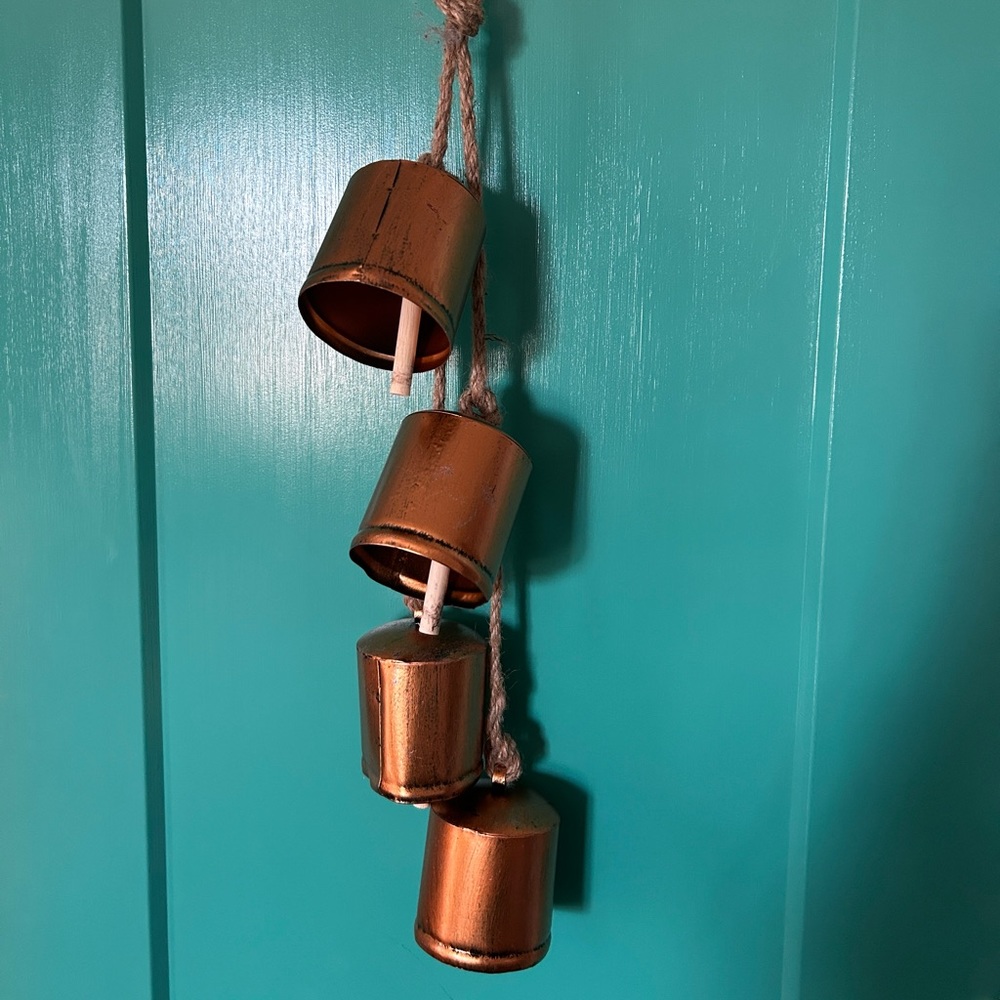 Four copper bells Christmas decoration. 23” long. Perfect for your mantel. 🛎️